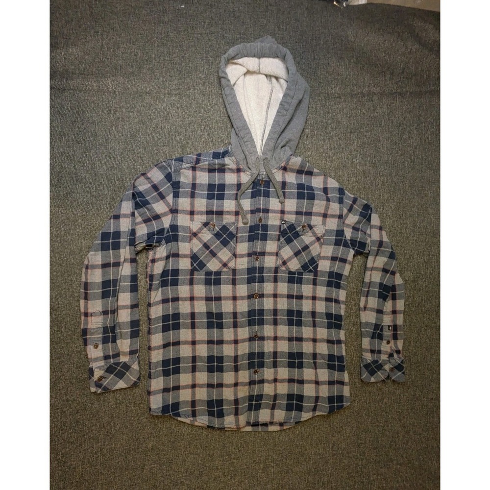 Vintage Quiksilver Mens Flannel Hoodie Plaid Button Up LG Check‎ Y2K Sweatshirt